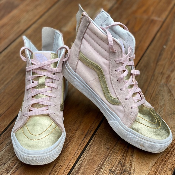 pink and gold high top vans